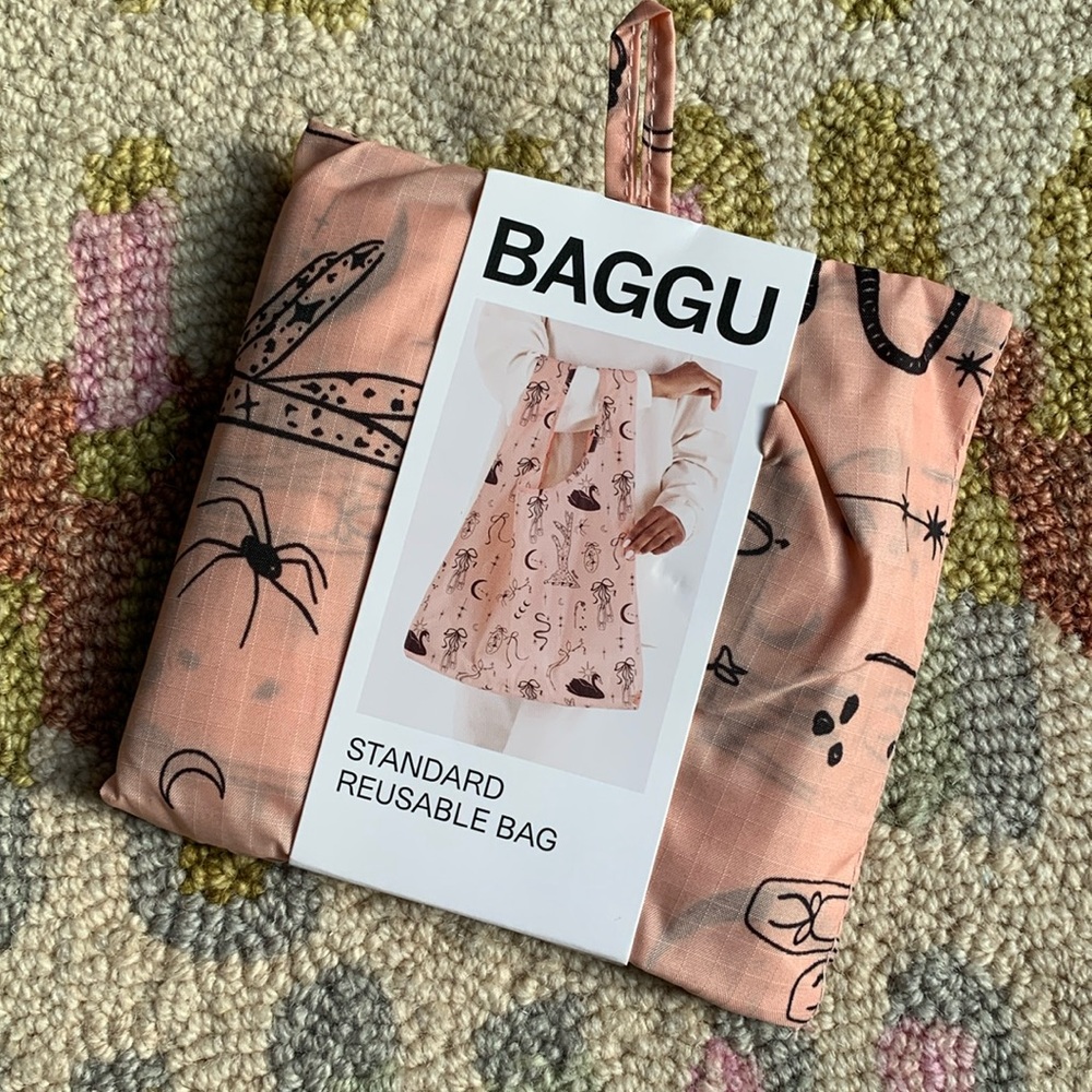 Baggu Ballet Icons Standard Reusable Bag NWT black illustrations on rose pink